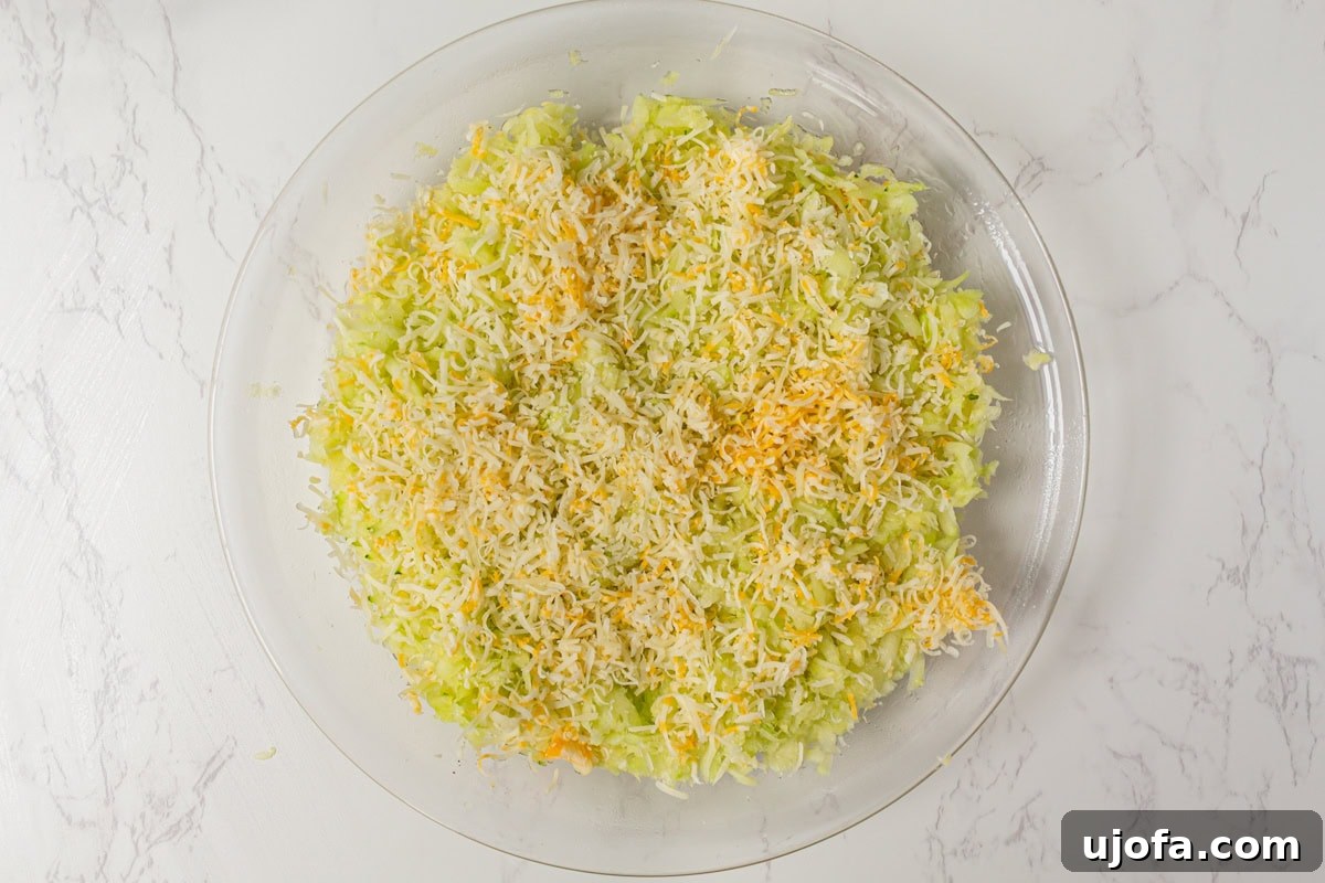 Fluffy Zucchini Egg Bake 8 A 9-inch pie plate meticulously layered with golden shredded zucchini at the bottom, followed by a generous blanket of grated Colby Jack and Gruyere cheeses, creating a visually appealing base for the quiche.