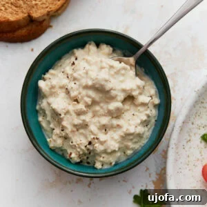 A small teal bowl filled with creamy dairy-free cottage cheese sprinkled with black pepper, with a slice of toast beside it.
