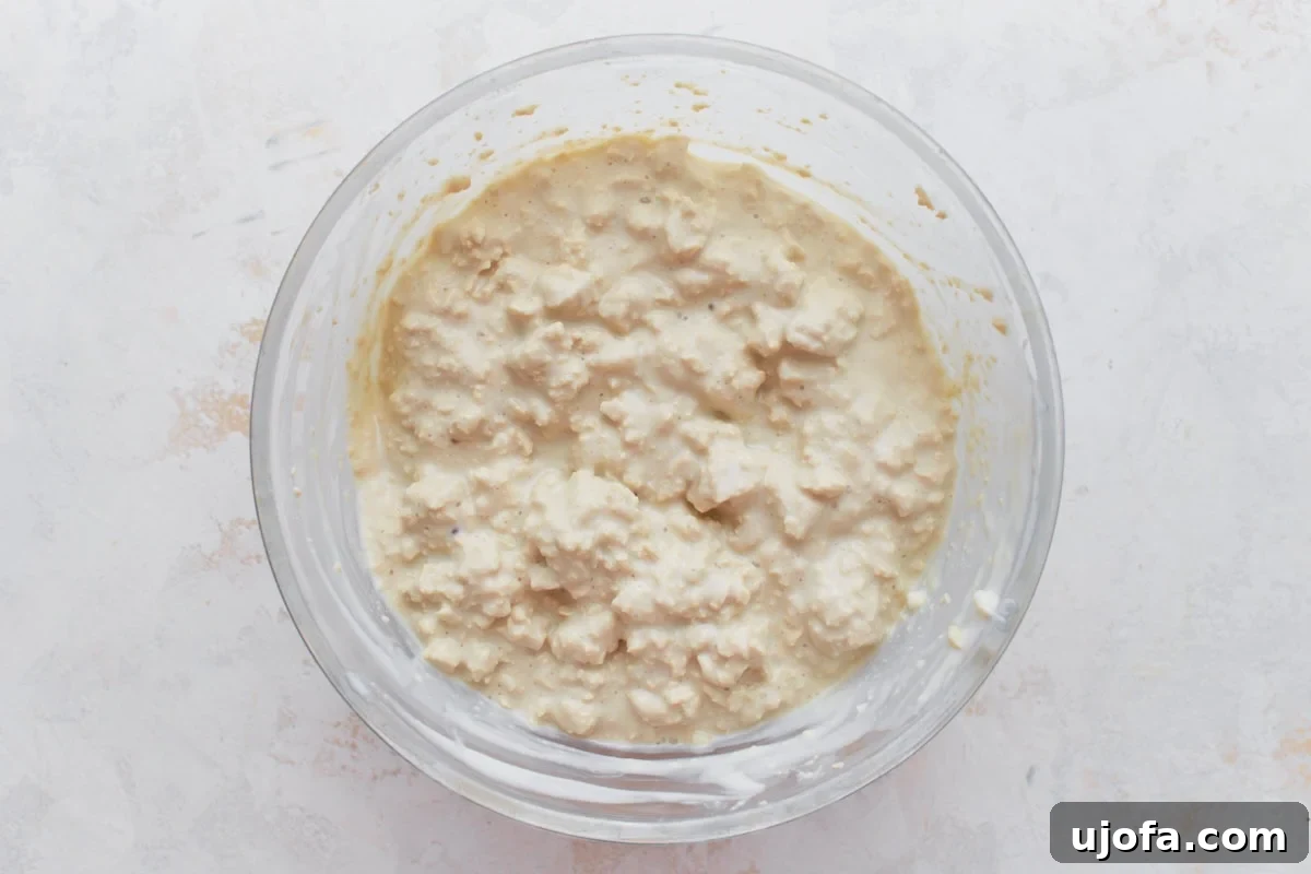 Vegan Farmhouse Curds 7 The creamy yogurt mixture and crumbled tofu combined in a glass bowl, showcasing a rich, chunky texture akin to regular cottage cheese.