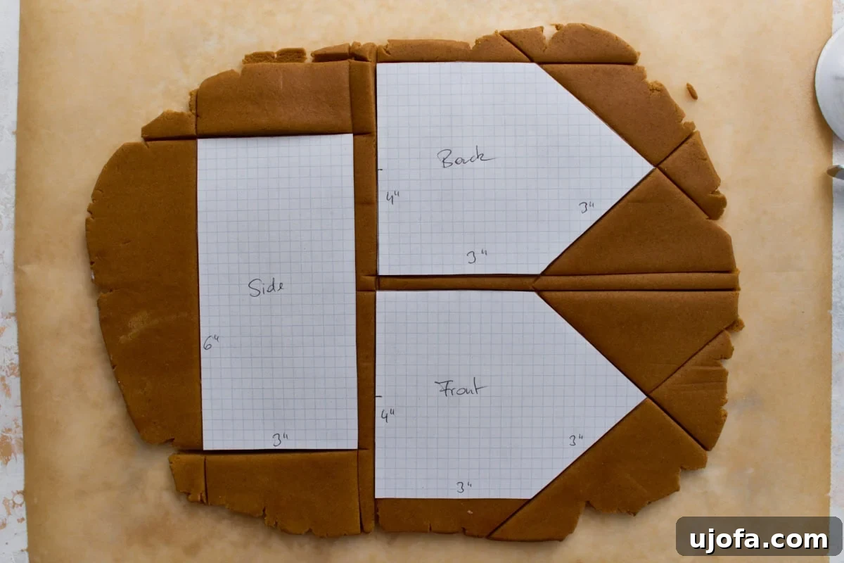 Rolled dough with graph-paper templates labeled front, back, and side, showing measurements for cutting each house piece before baking.