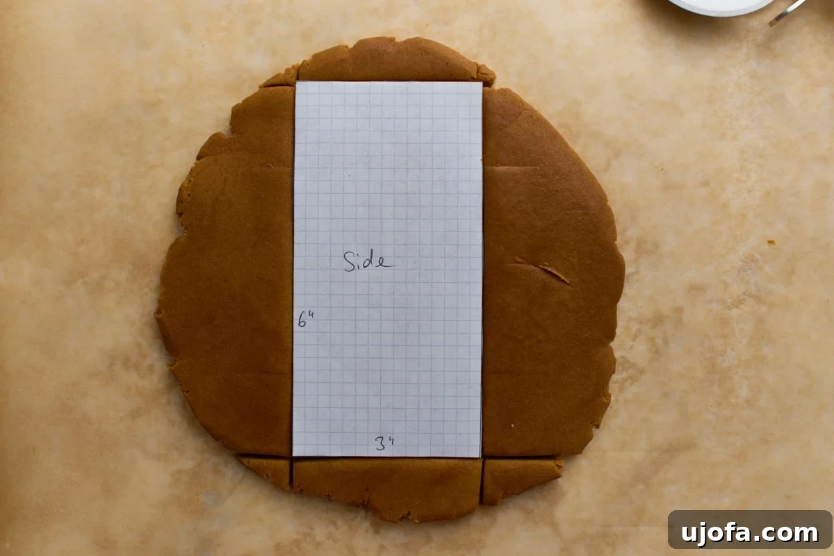 Rolled-out gingerbread dough with a rectangular graph-paper template labeled “Side” placed on top, showing measurements for cutting the house wall.
