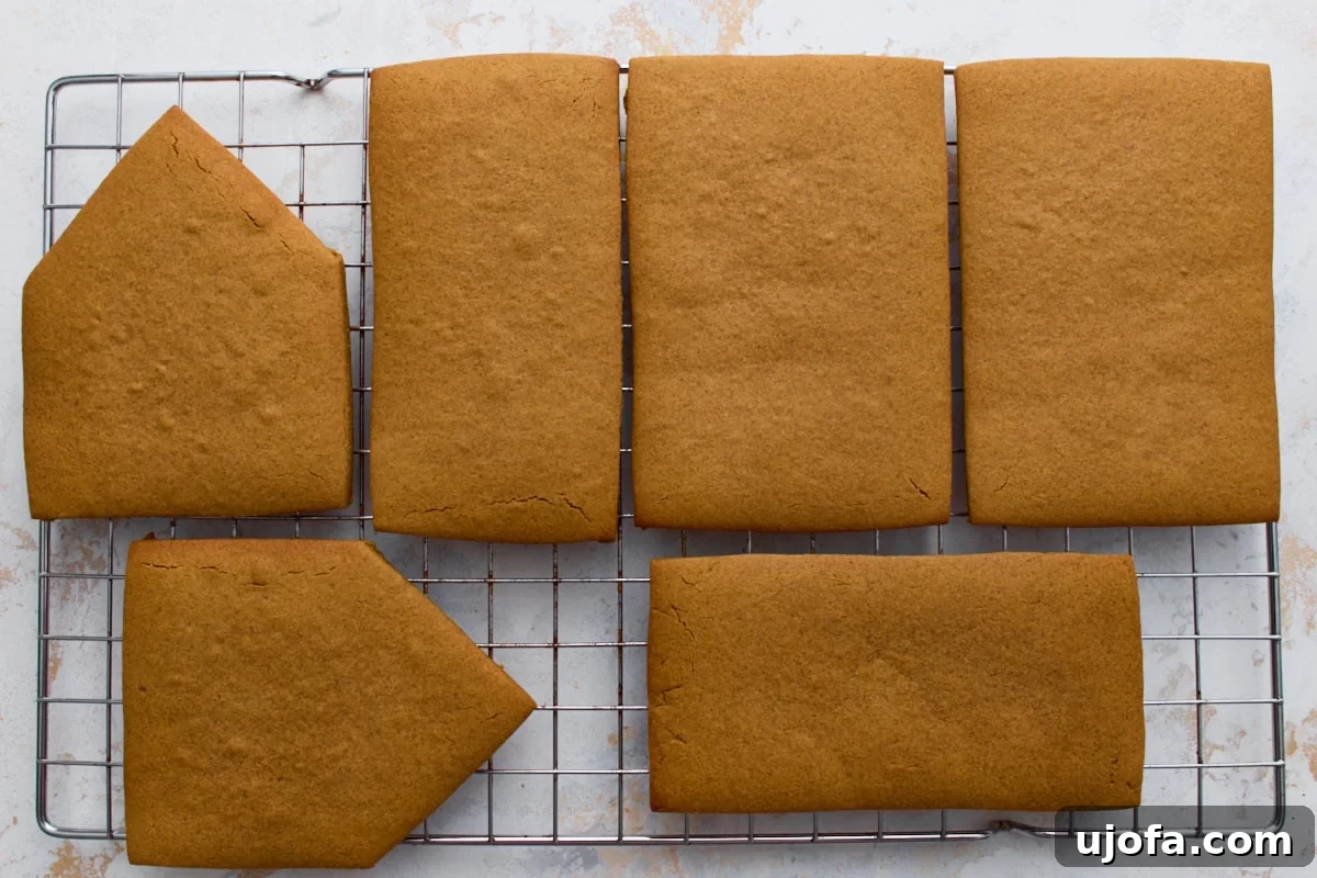 All baked and cooled gingerbread house pieces, including front, back, sides, and roof panels, arranged on a wire cooling rack.