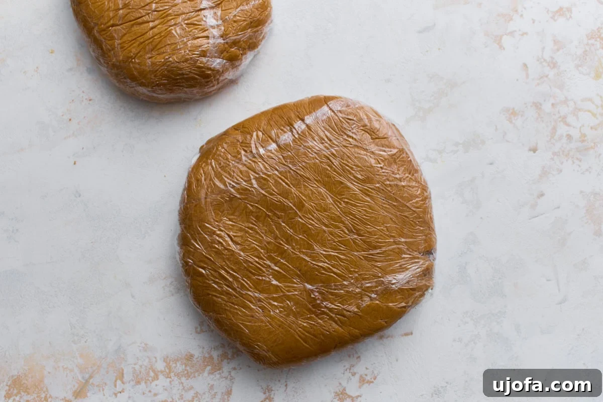 Two flattened discs of gingerbread dough wrapped tightly in plastic wrap, resting on a light surface.