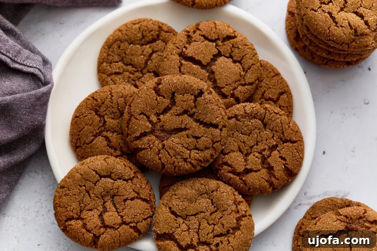 Spiced Gluten-Free Ginger Snaps 11 A stack of perfectly baked gluten-free gingersnaps resting on a decorative plate, ready to be served and enjoyed.