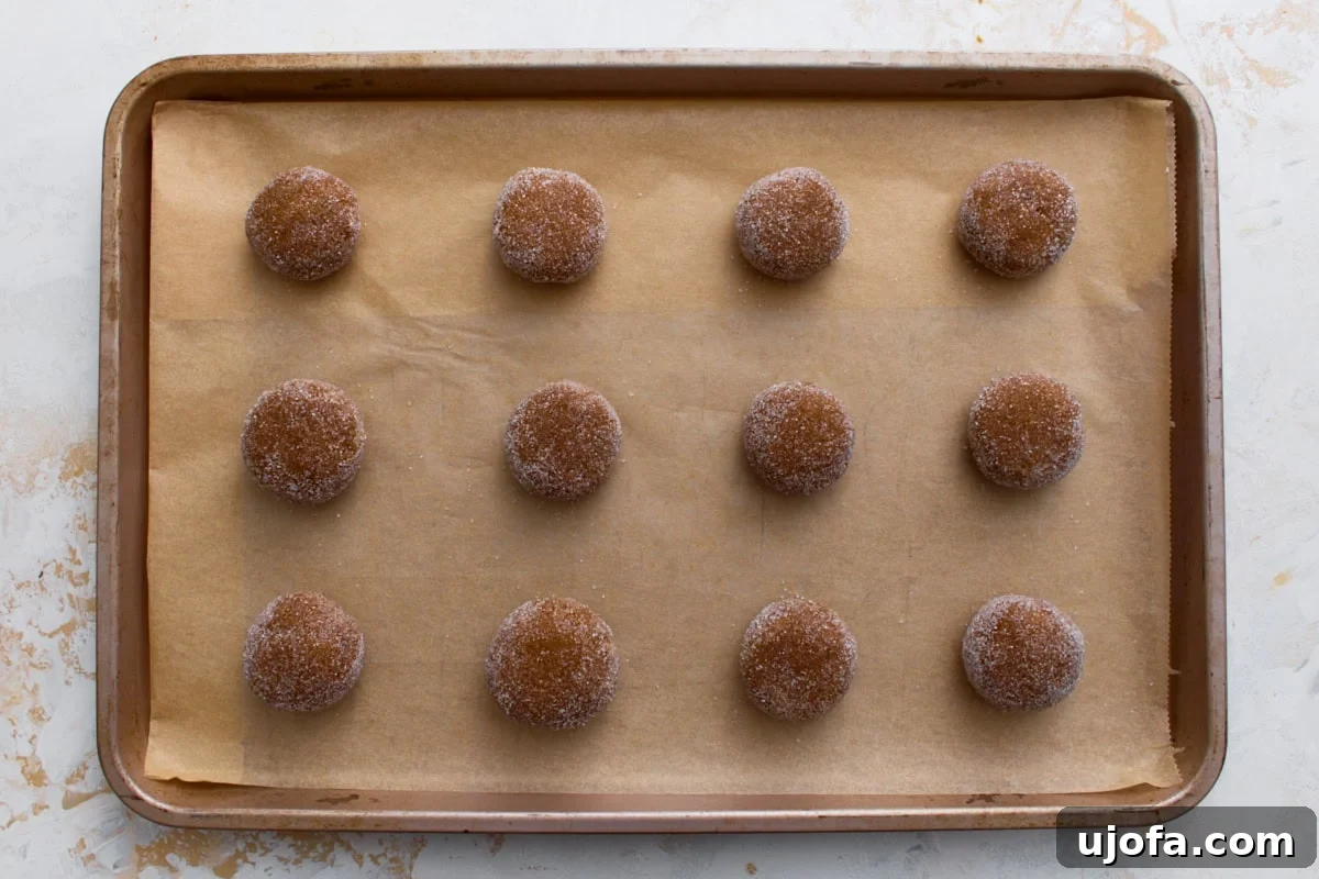 Spiced Gluten-Free Ginger Snaps 9 Multiple sugar-coated gingersnap dough balls meticulously arranged on a parchment-lined baking sheet, ready for the oven.