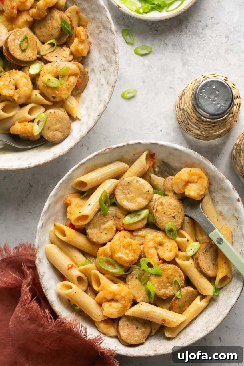 2 bowls of cajun shrimp and sausage pasta topped with green onions