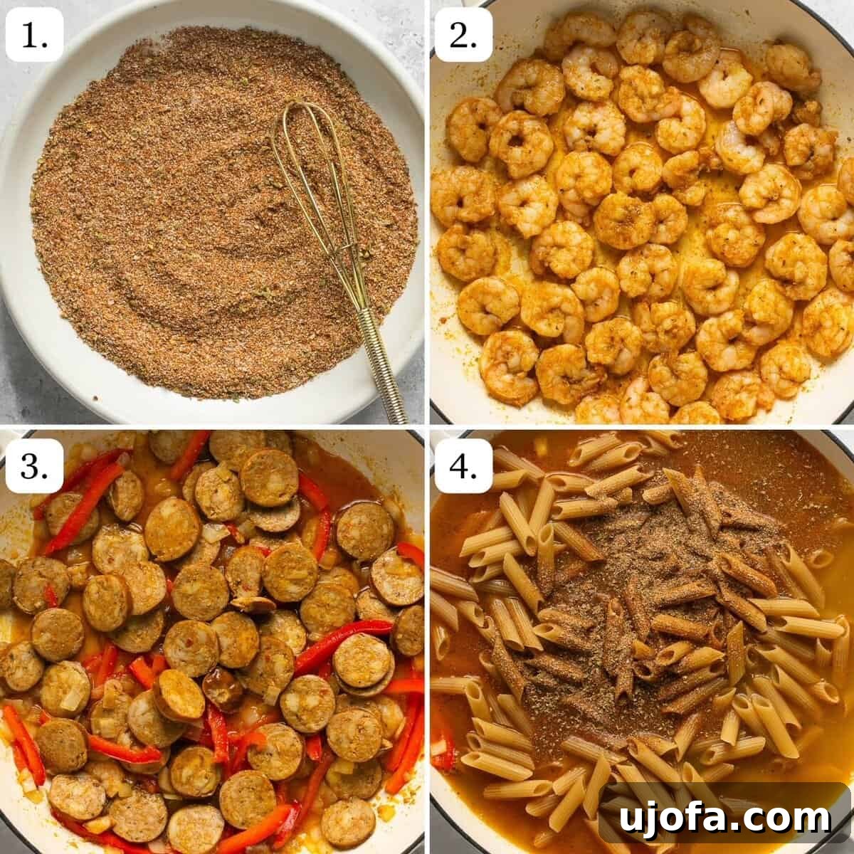 the first four steps for making one pot cajun pasta with shrimp and sausage