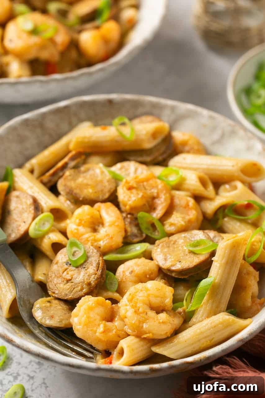 a closeup side view of cajun shrimp and sausage pasta