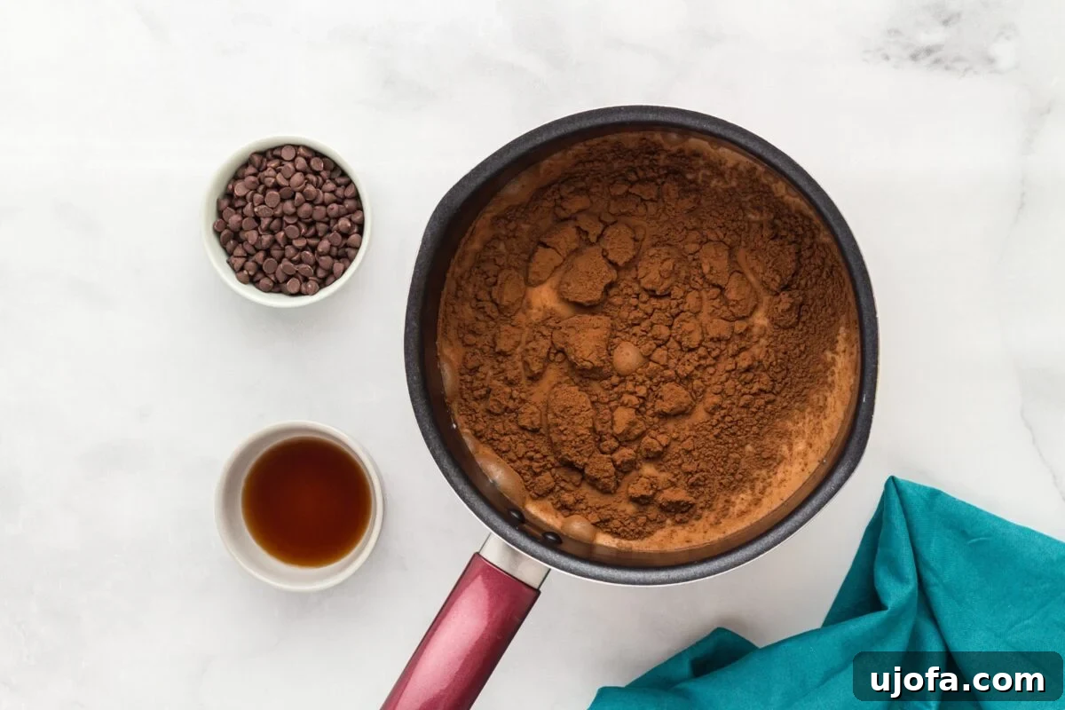 Saucepan filled with soy milk and sifted cocoa powder surrounded by dairy-free chocolate chips and vanilla extract on a marble surface.
