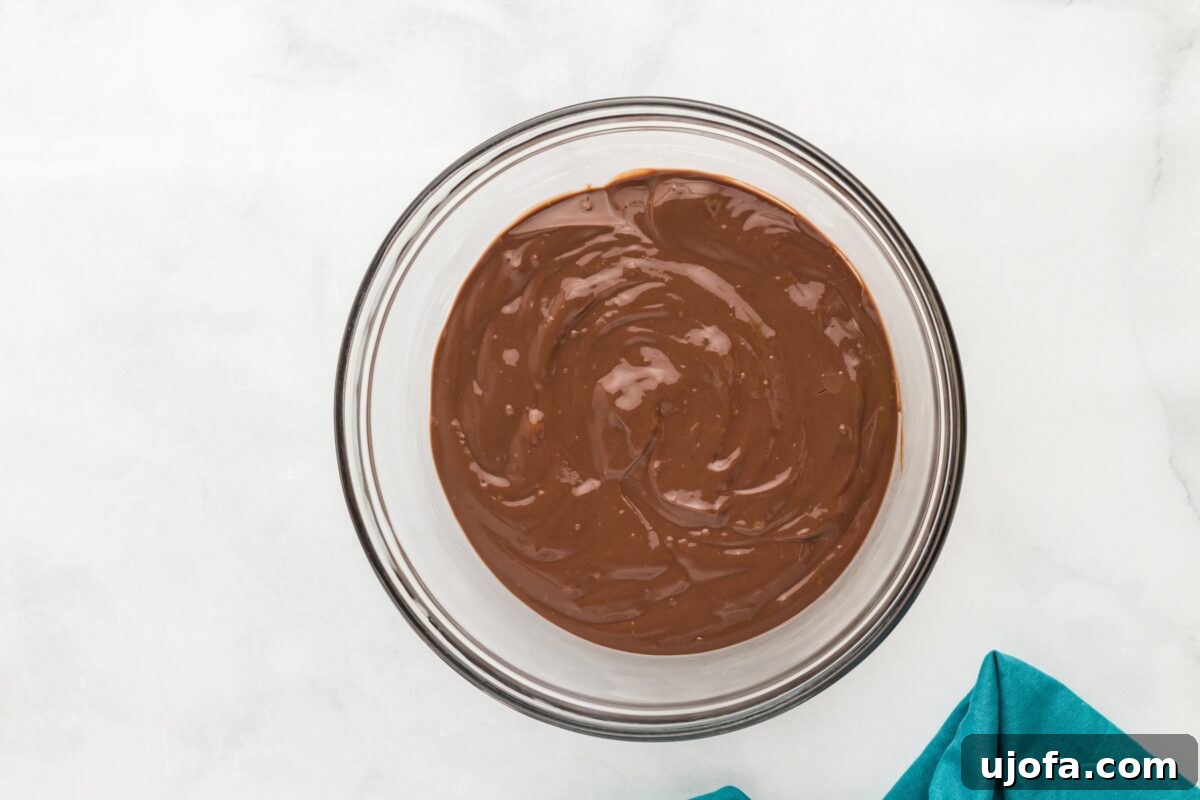 Smooth dairy-free chocolate pudding in a glass bowl after whisking, rich and glossy.