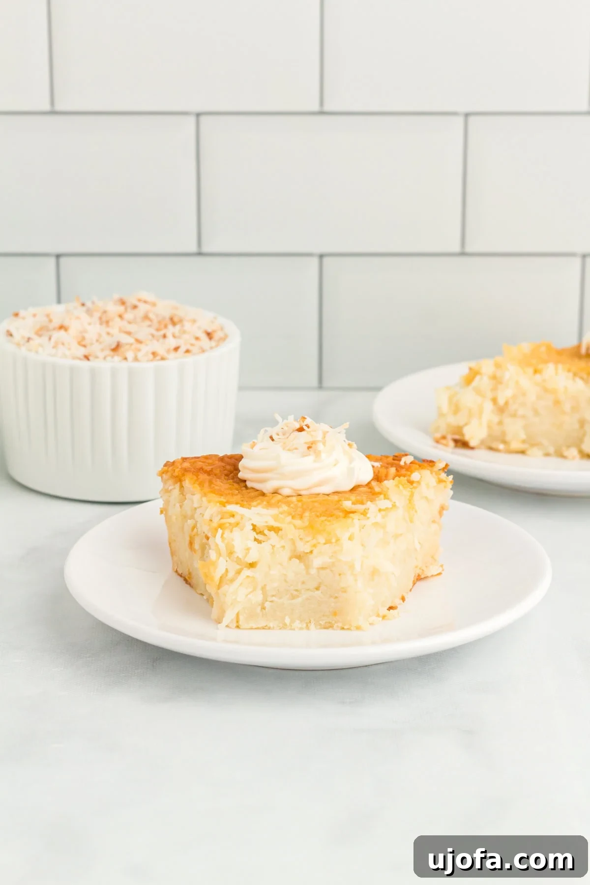Velvet Coconut Dream 2 A perfectly sliced piece of crustless coconut pie, topped with a dollop of fresh whipped cream and a sprinkle of golden toasted coconut, rests elegantly on a white plate, inviting a taste.