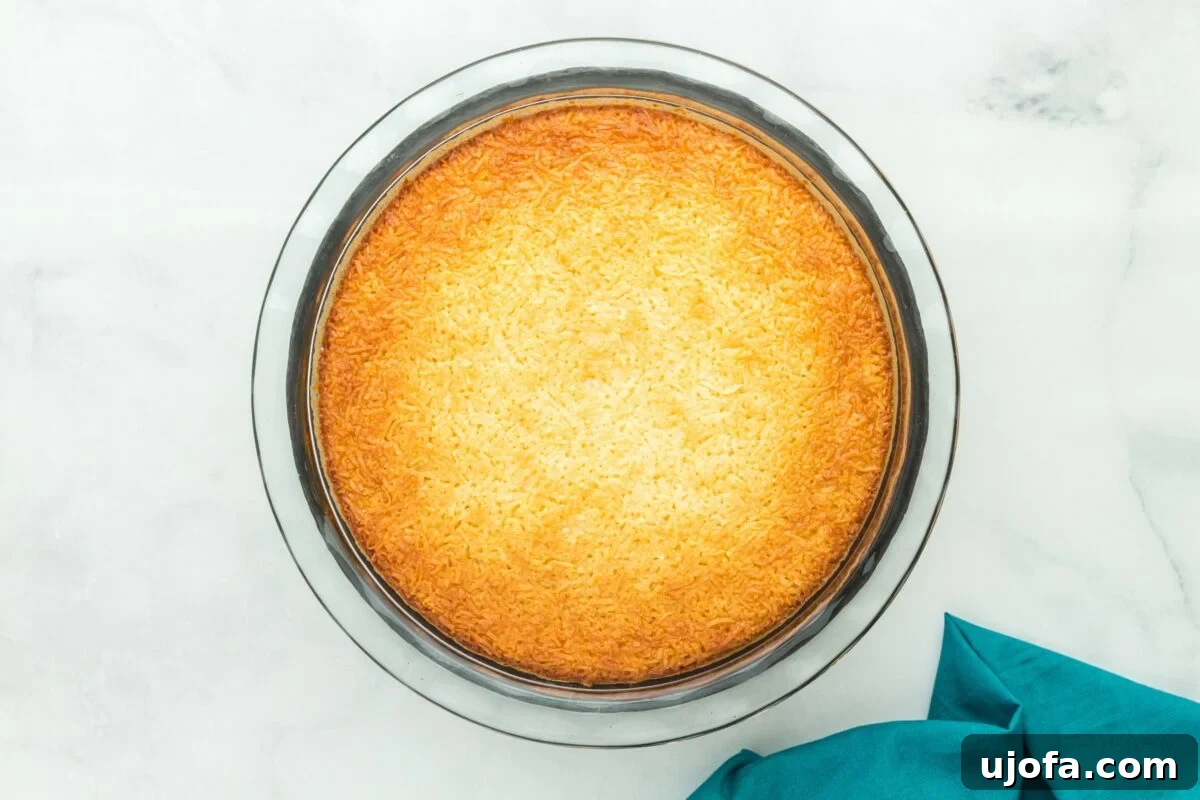 Velvet Coconut Dream 10 A freshly baked, golden-brown crustless coconut pie rests in a glass pie dish, cooling after being removed from the oven, its edges perfectly set and inviting.