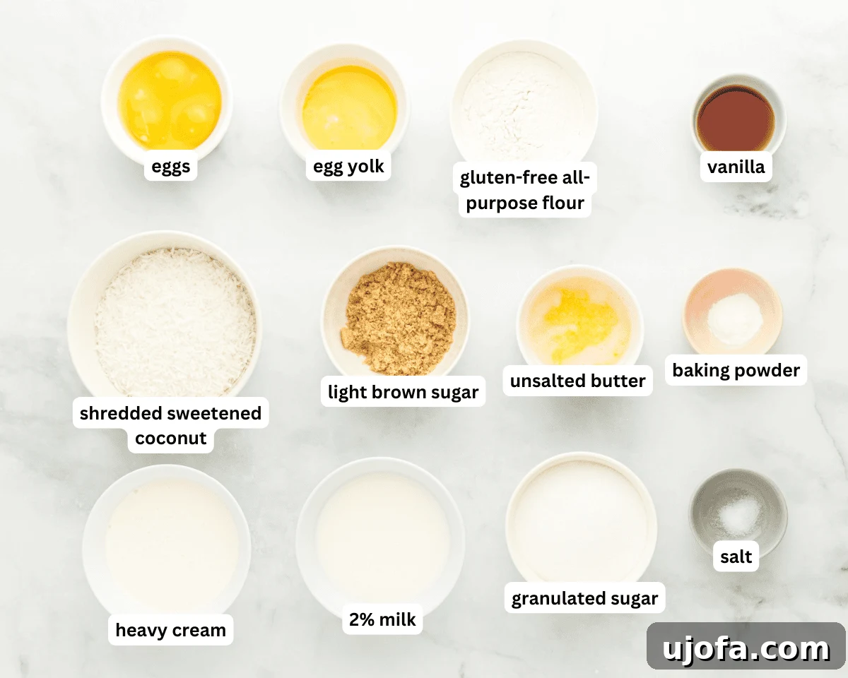 Velvet Coconut Dream 4 A collection of ingredients for crustless coconut pie laid out on a clean surface, including sugars, butter, eggs, milk, cream, vanilla, gluten-free flour, baking powder, salt, and shredded coconut, ready for preparation.