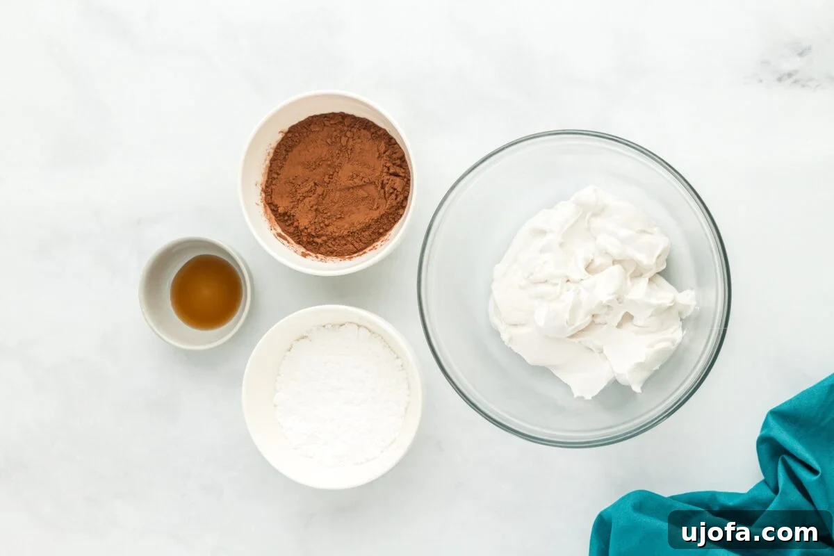 Decadent Vegan Chocolate Treat 5 Bowls of coconut cream, cocoa powder, powdered sugar, and vanilla extract arranged on a white surface before making vegan chocolate mousse.