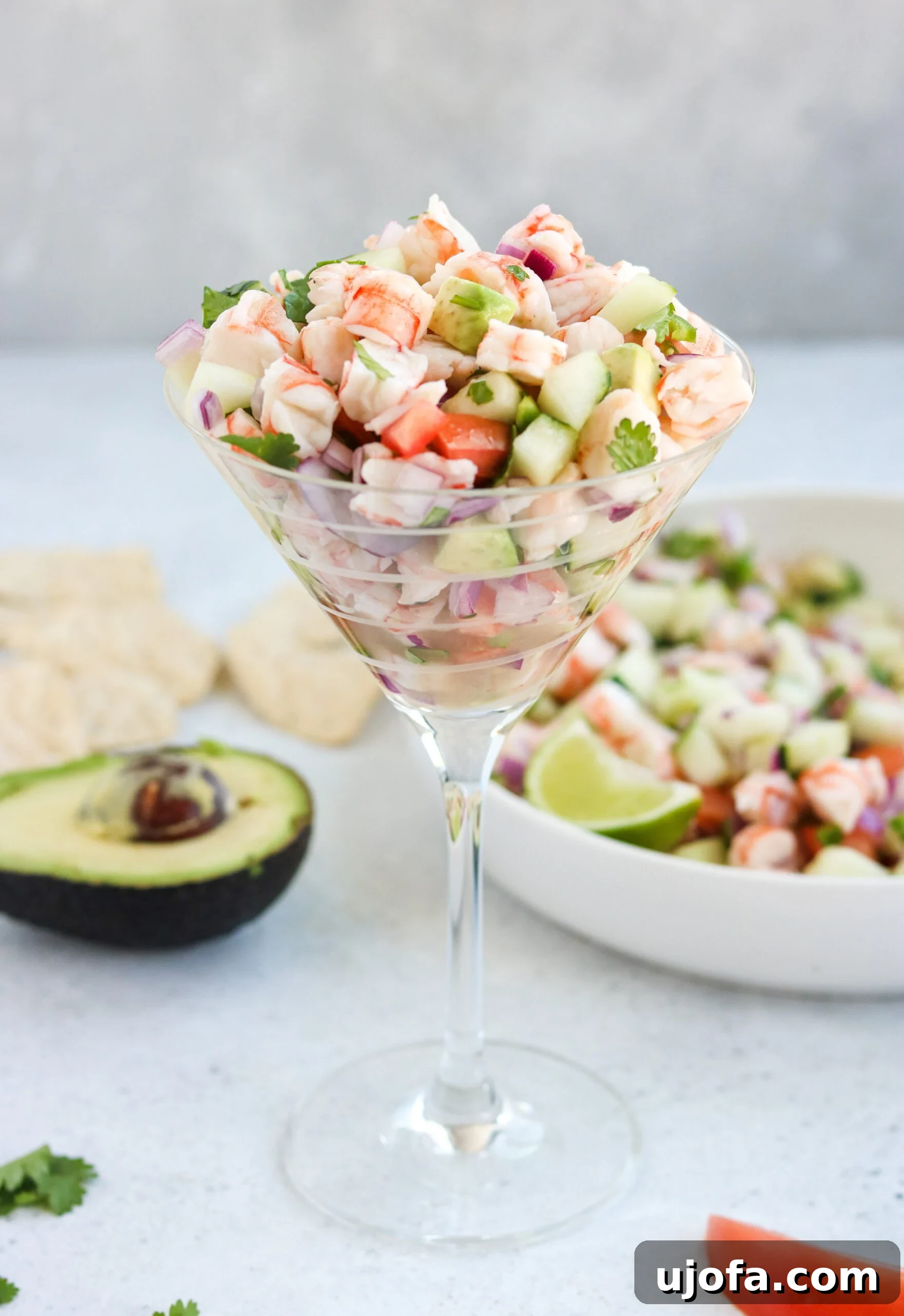 A beautifully presented Shrimp Ceviche in a martini glass, ready for a special occasion or elegant appetizer.