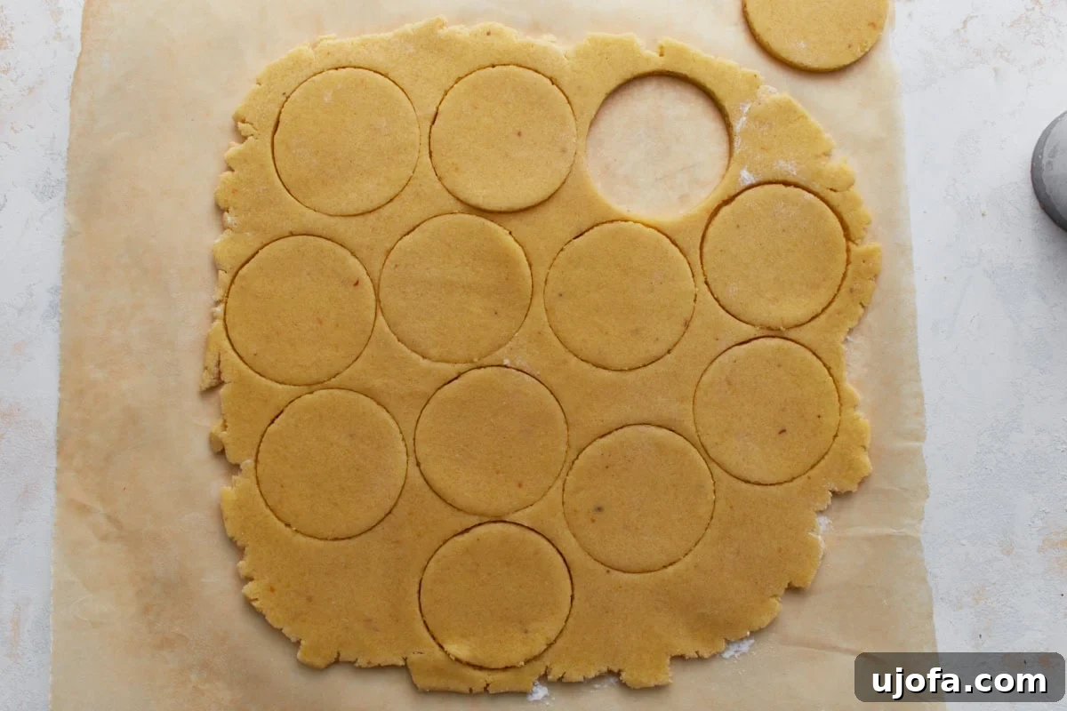 Rolled-out almond flour sugar cookie dough with round cookie shapes cut out.