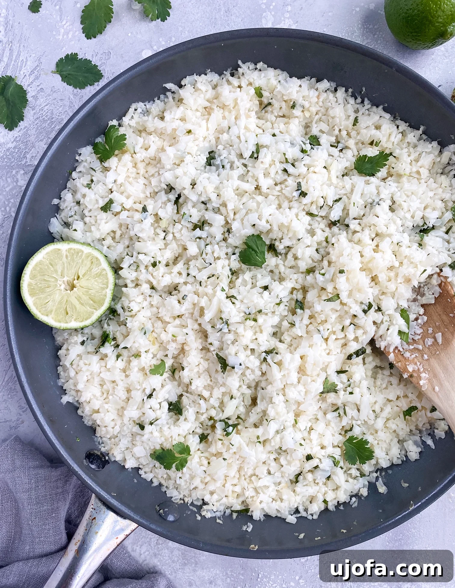 A bowl of fresh Coconut Cilantro Lime Cauliflower Rice ready to be served