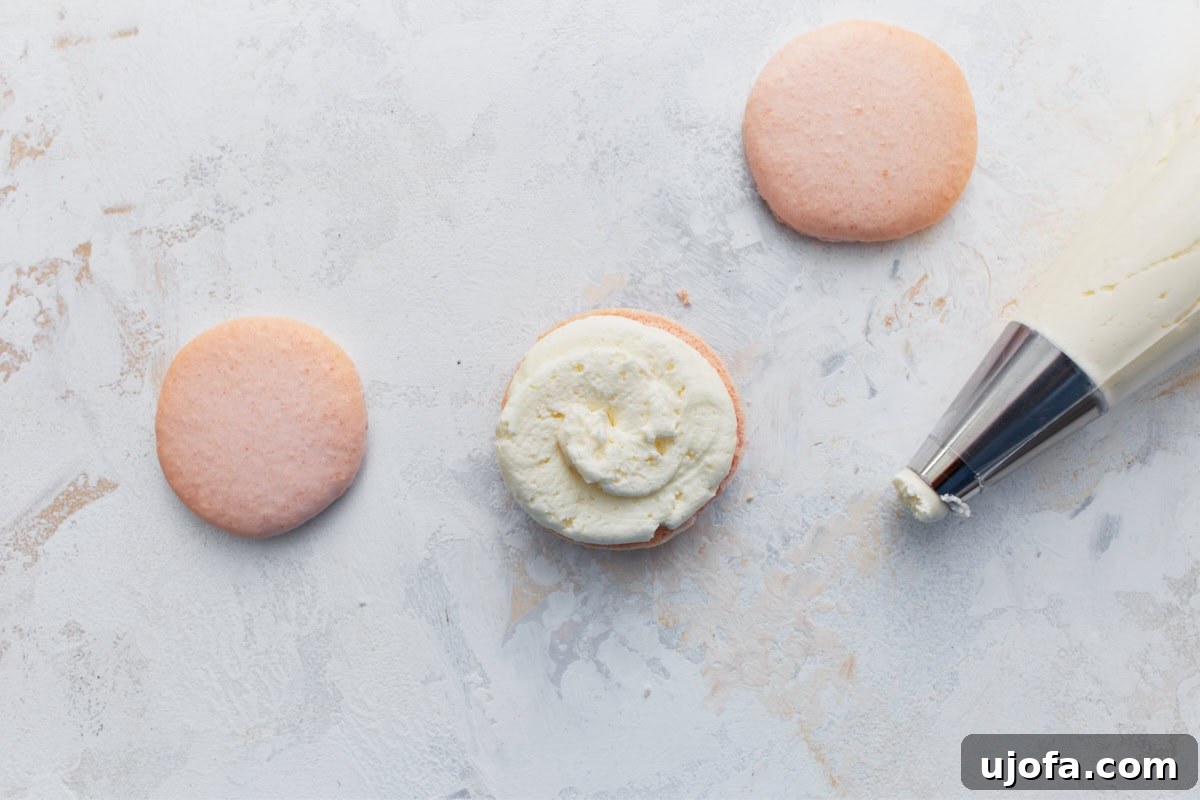 An assembled macaron half with a piped swirl of vanilla buttercream, alongside plain shells and a piping bag.