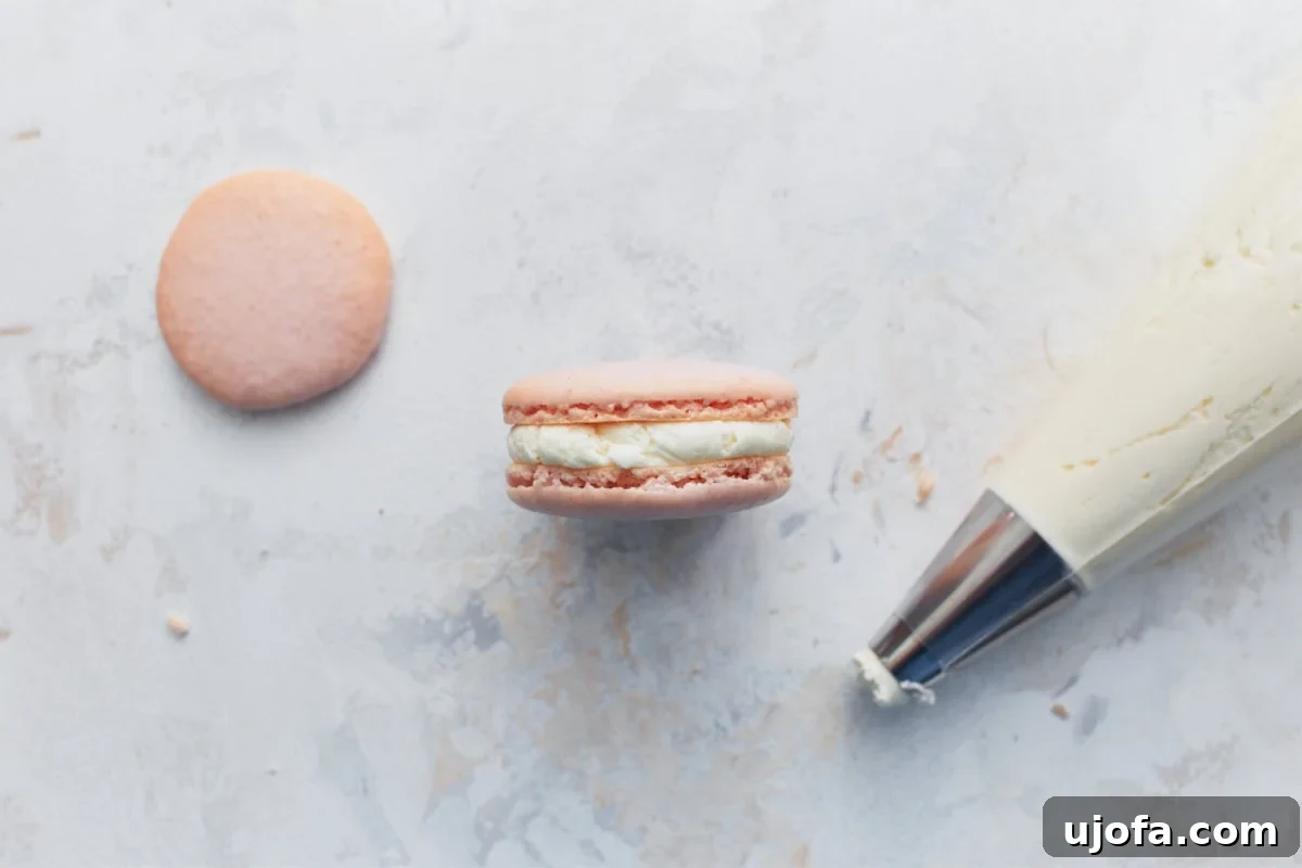 A single assembled macaron with creamy vanilla filling, positioned next to a piping bag and a few extra macaron shells on a textured surface.