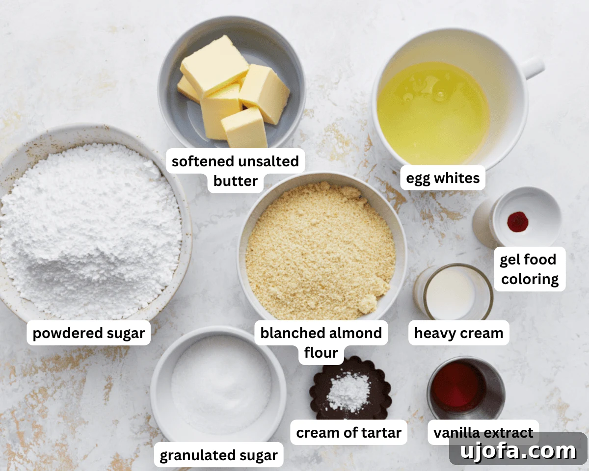 A collection of ingredients for making Gluten-Free French Macarons, neatly arranged on a white surface. The items include bowls of almond flour, powdered sugar, egg whites, granulated sugar, vanilla extract, and a bottle of pink gel food coloring.