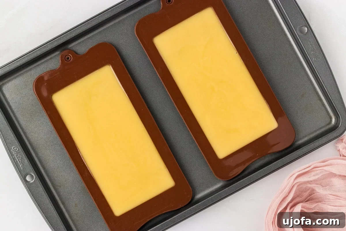 Smooth chocolate mixture poured into silicone bar molds on a baking sheet.