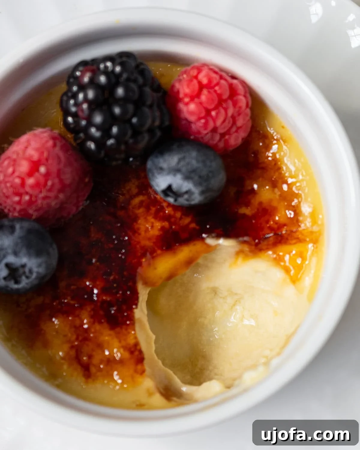 Plant Based Crème Brûlée Bliss 2 A perfectly torched dairy-free crème brûlée in a white ramekin, garnished with vibrant fresh berries. The golden, crackly sugar top invites you to break through to the creamy custard beneath.
