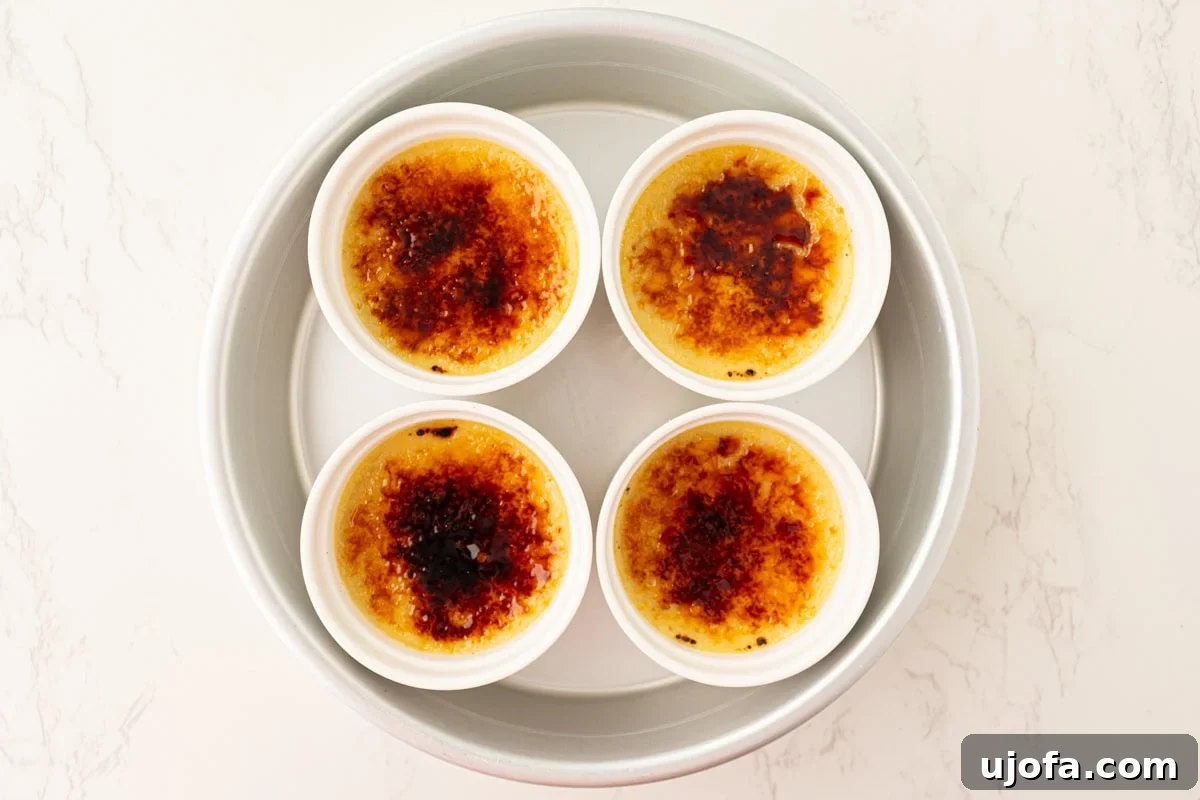 Plant Based Crème Brûlée Bliss 11 Four dairy-free crème brûlée custards, each with a beautifully caramelized sugar top, resting in a round baking dish.