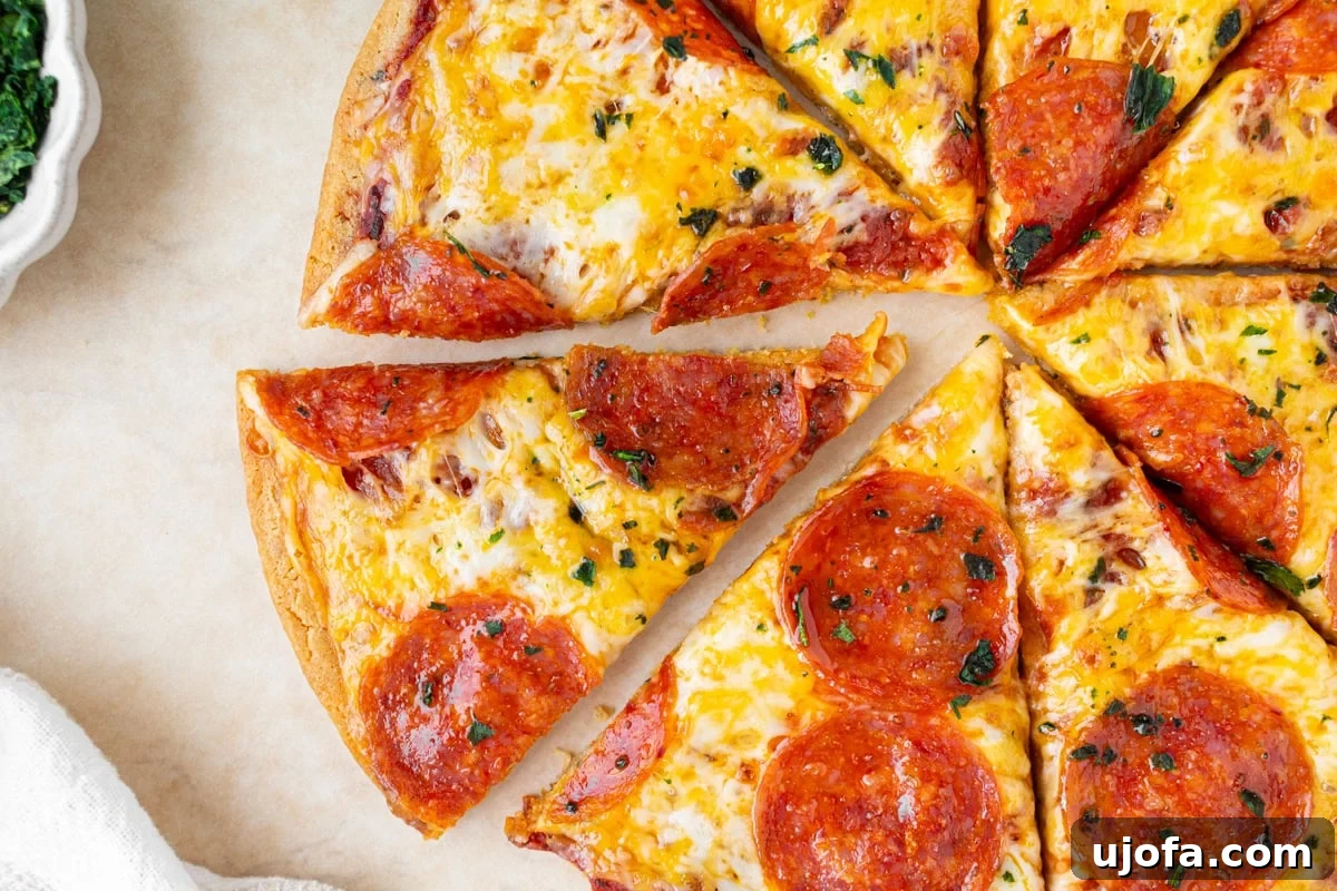 Sliced chickpea pizza crust with pepperoni and melted cheese on parchment paper
