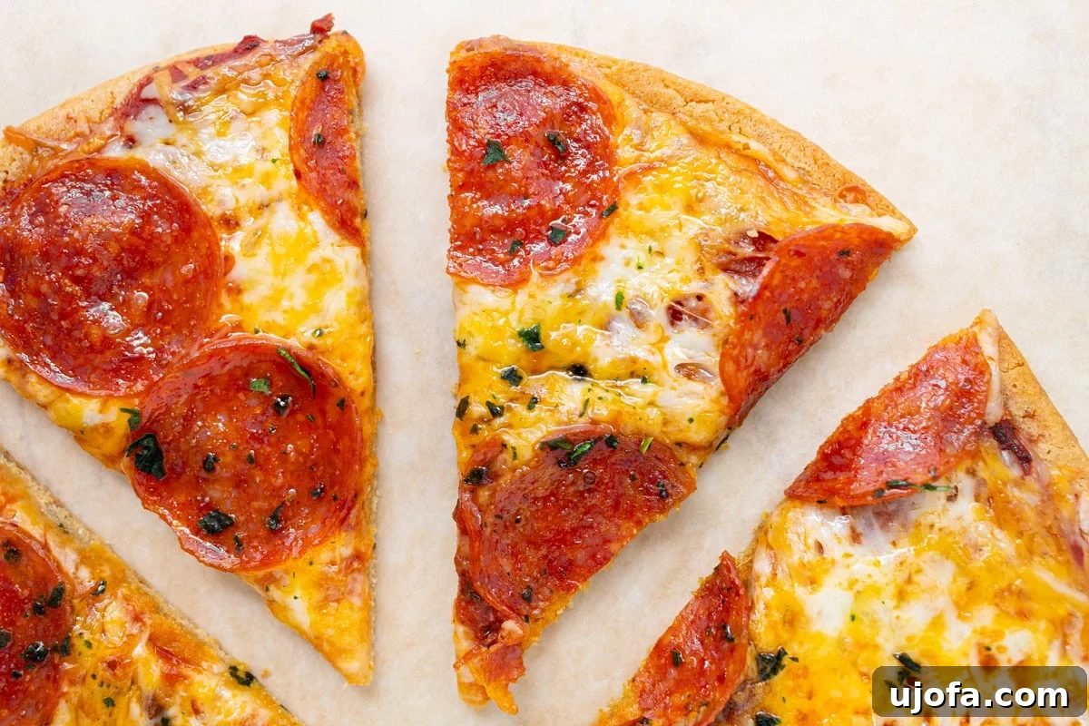 Pepperoni chickpea pizza slices arranged on parchment paper