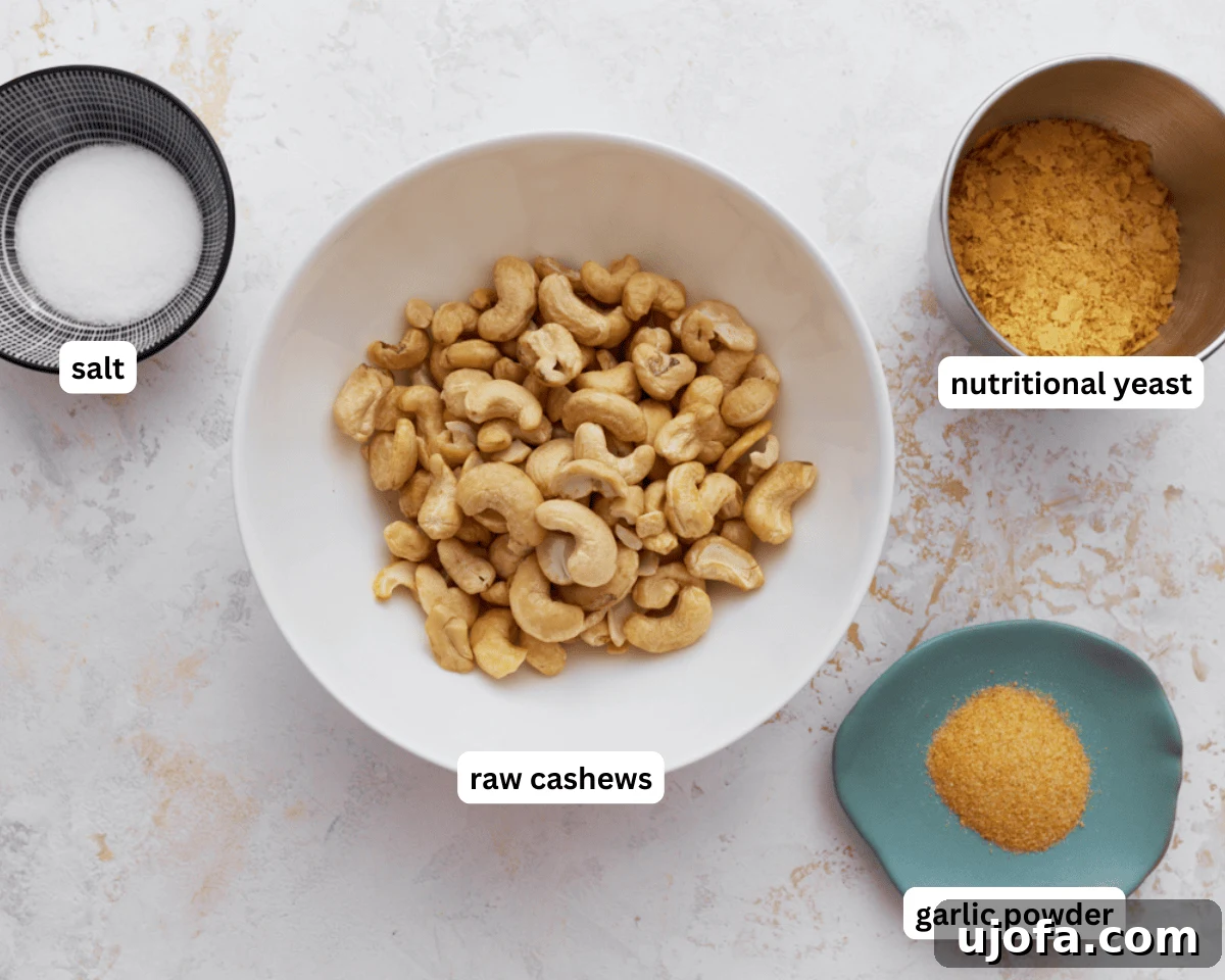 Plant Based Parmesan Perfection 4 All four ingredients for vegan parmesan cheese – raw cashews, nutritional yeast, salt, and garlic powder – laid out on a clean surface.