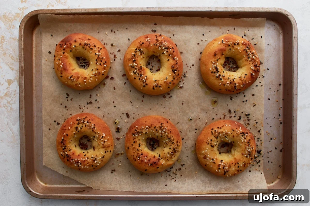 Perfect Keto Bagels 13 Keto bagels baked until golden brown and sprinkled with everything bagel seasoning on a parchment-lined baking sheet.