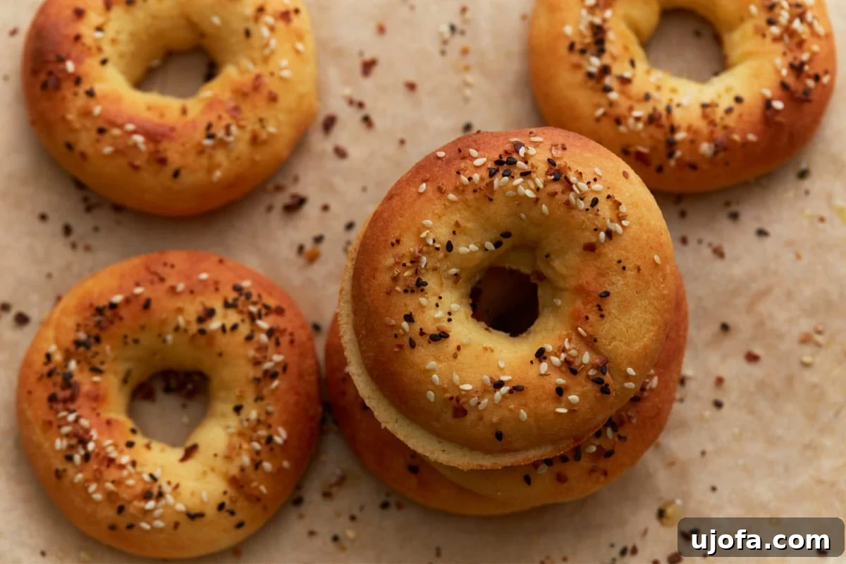 Perfect Keto Bagels 15 Stack of keto bagels showing a soft interior and golden crust, finished with everything bagel seasoning.