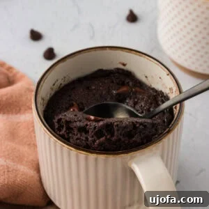 A perfectly portioned almond flour chocolate mug cake in a ceramic mug, ready to be enjoyed.