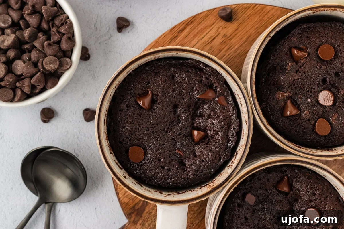 A top-down view of a freshly baked almond flour chocolate mug cake, perfectly set and slightly domed, resting in its ceramic mug on a wooden surface.