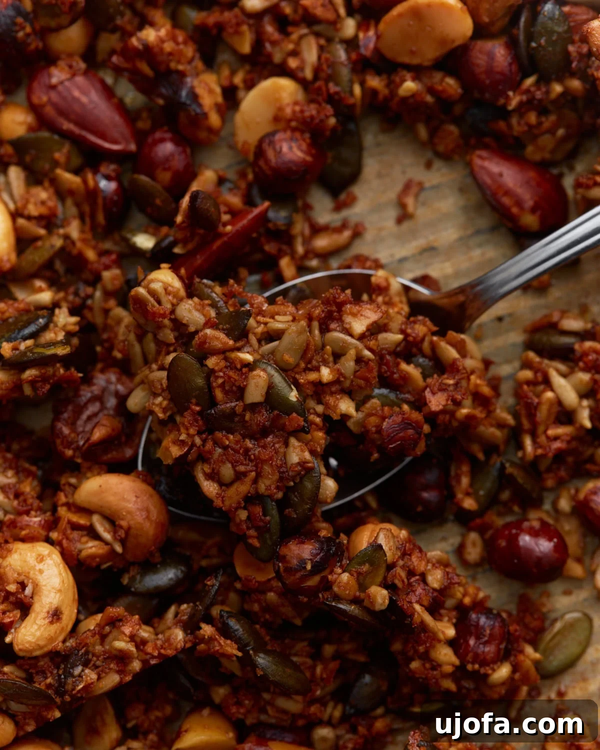 Ketogenic Granola Clusters 2 Close-up of baked keto granola clusters with mixed nuts and seeds, showing a crunchy texture and golden brown color. This homemade low-carb granola is perfect for a keto diet.