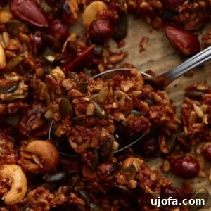 Close-up of baked keto granola clusters with mixed nuts and seeds, showing a crunchy texture and golden brown color.