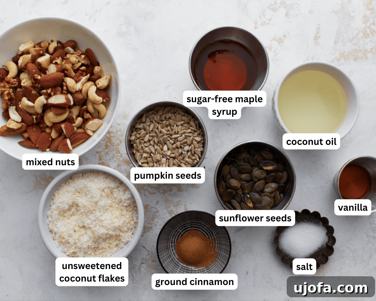 Ketogenic Granola Clusters 4 Keto granola ingredients laid out on a clean surface, including various nuts, seeds, coconut flakes, coconut oil, and sweeteners.