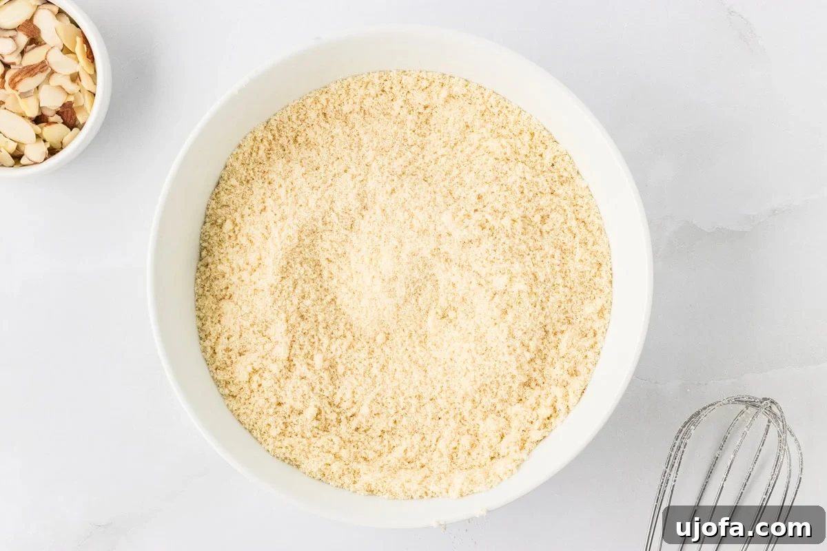 Tender Almond Scones 5 Bowl of fine almond flour with whisk and sliced almonds on white surface