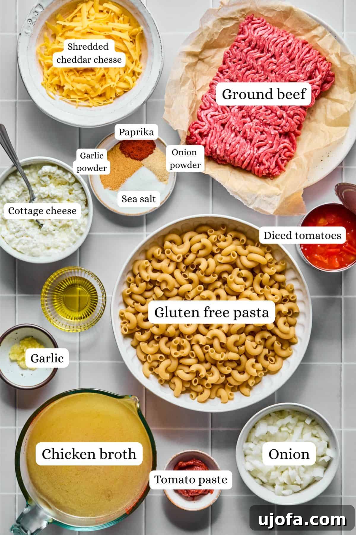 A collection of fresh ingredients for hamburger helper, neatly arranged in nesting bowls.