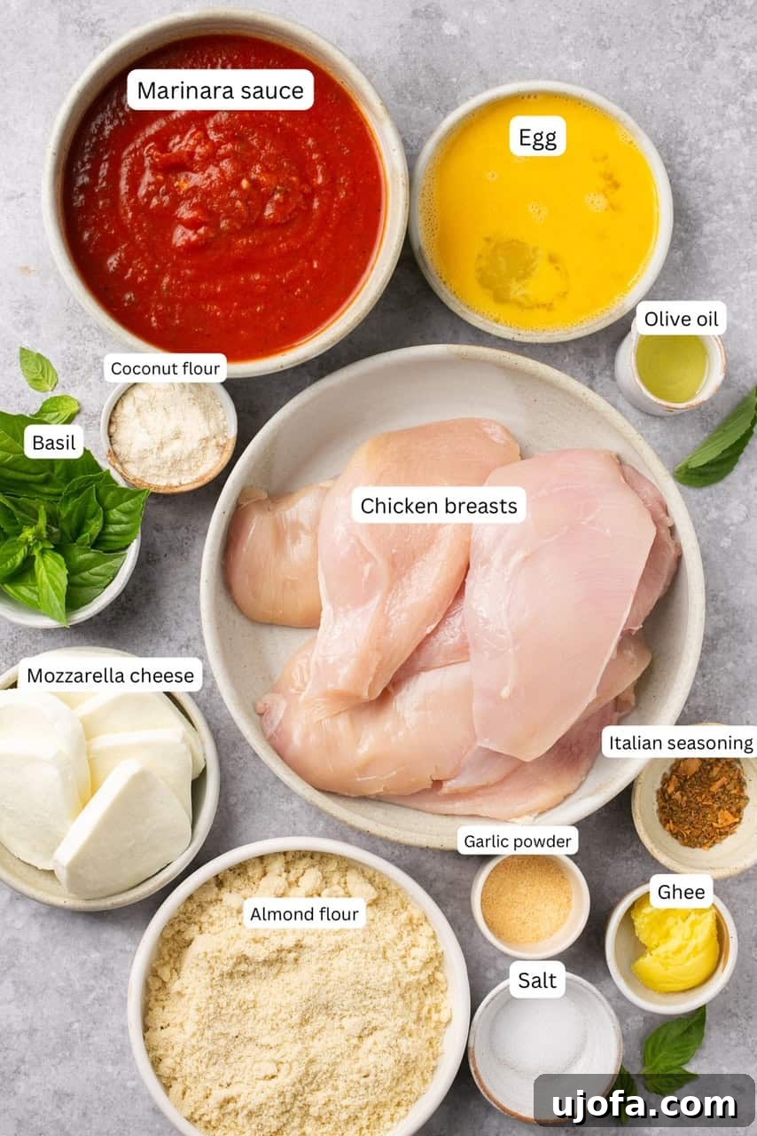 A flat lay of fresh ingredients including chicken breasts, eggs, almond flour, coconut flour, marinara sauce, mozzarella cheese, and fresh basil, ready for making healthy chicken parmesan.