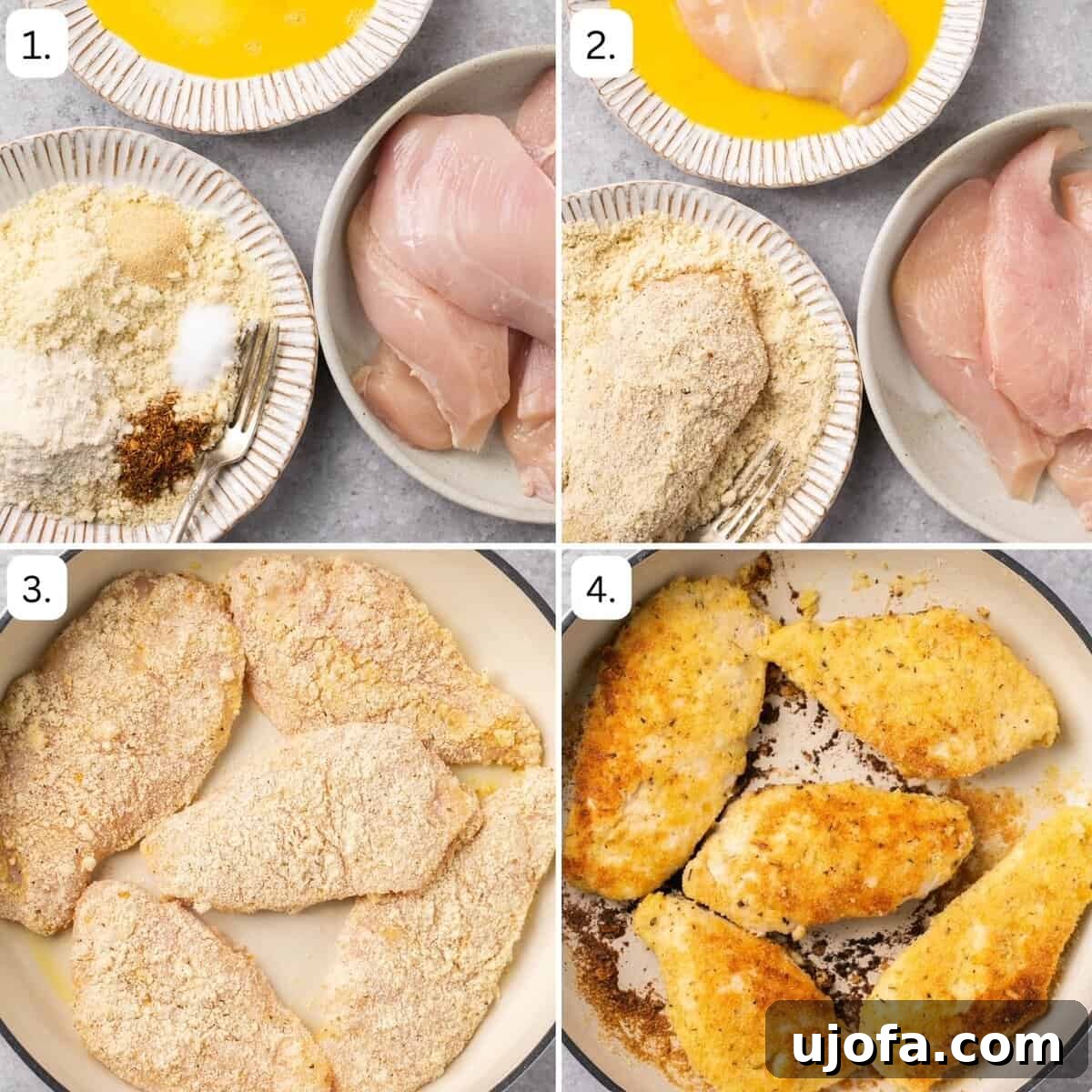 Four sequential steps demonstrating the pan-frying process for making chicken parmesan on a stovetop.