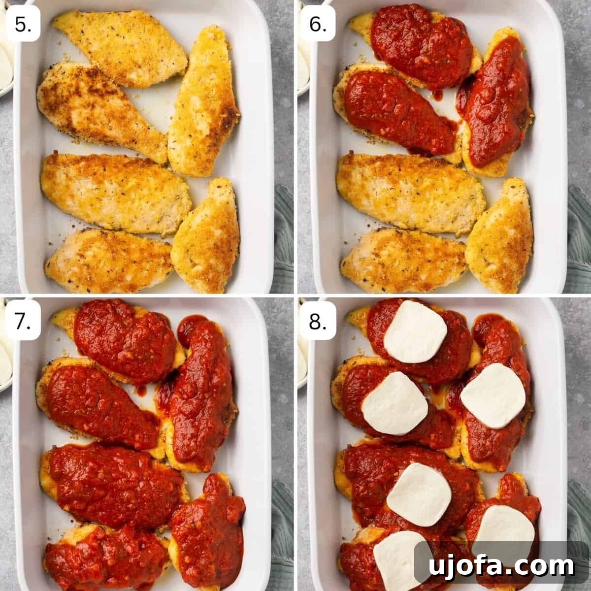 The final four steps of making gluten-free chicken parmesan in a casserole dish, showing sauce, cheese, and baking.