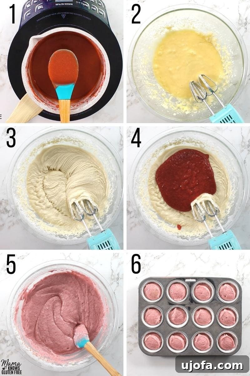 Gluten-free strawberry cupcakes recipe steps 1-6 showing the process of making the cupcakes.