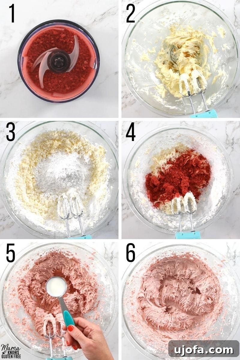 Strawberry frosting recipe step photo collage showing stages of making buttercream