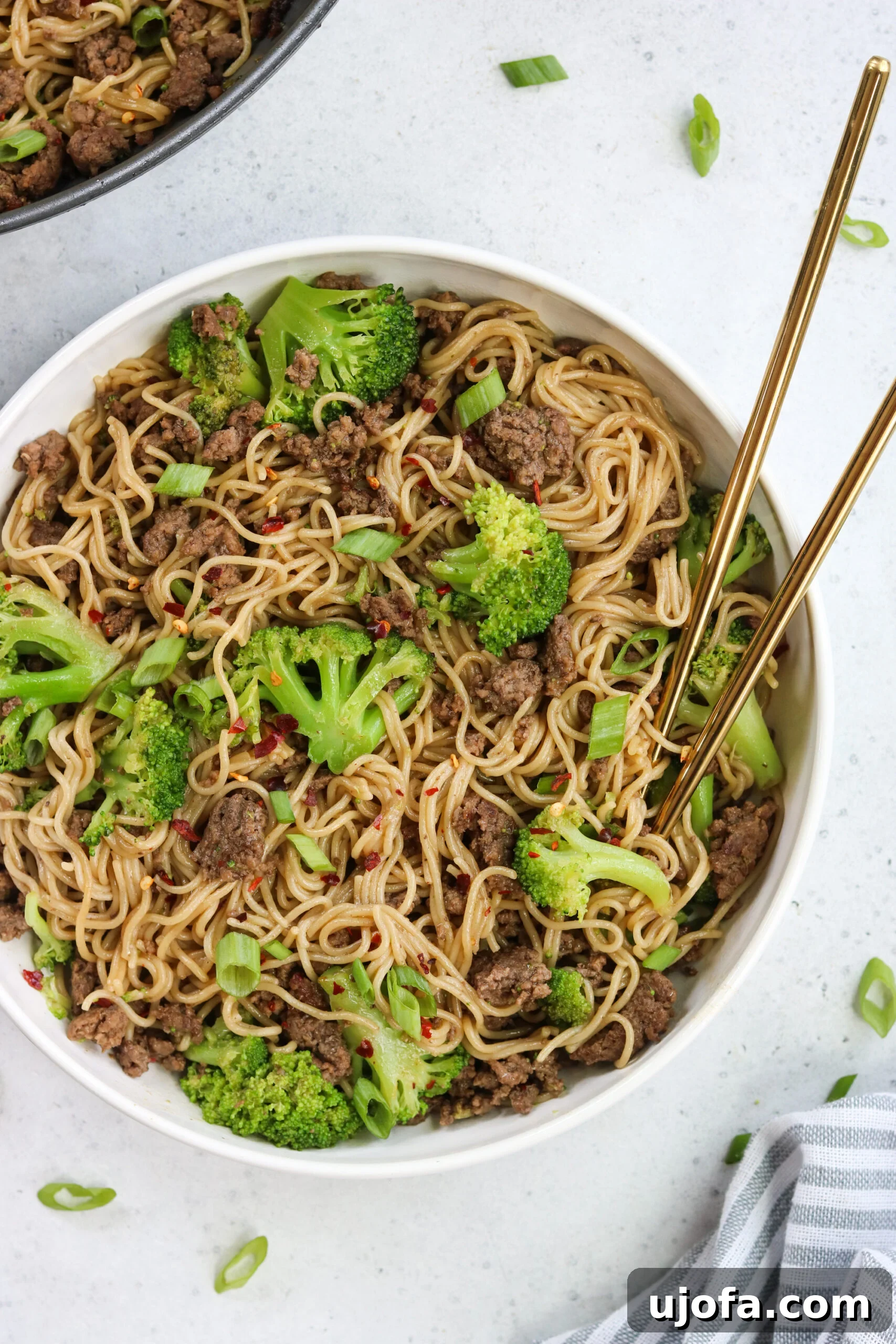 Beef and broccoli with sauce in a pan