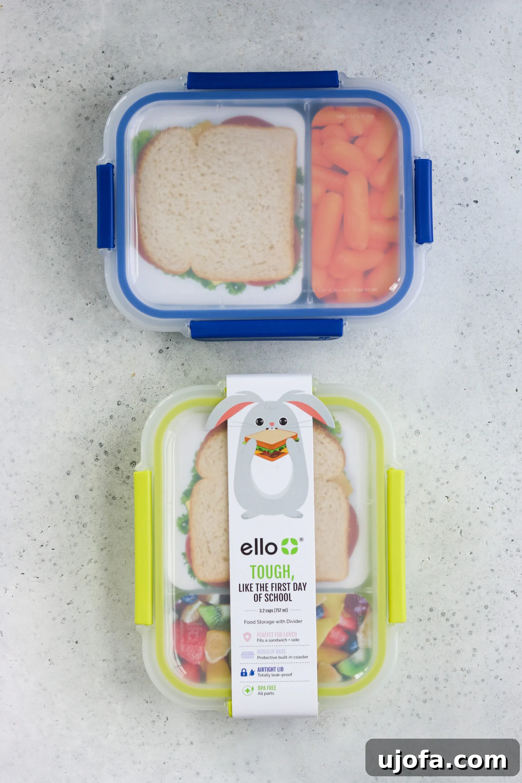 A vibrant collection of back-to-school lunchbox pinwheel wraps and healthy snacks, neatly arranged in an Ello Sammie Kids Lunch Container, ready for a nutritious school day.