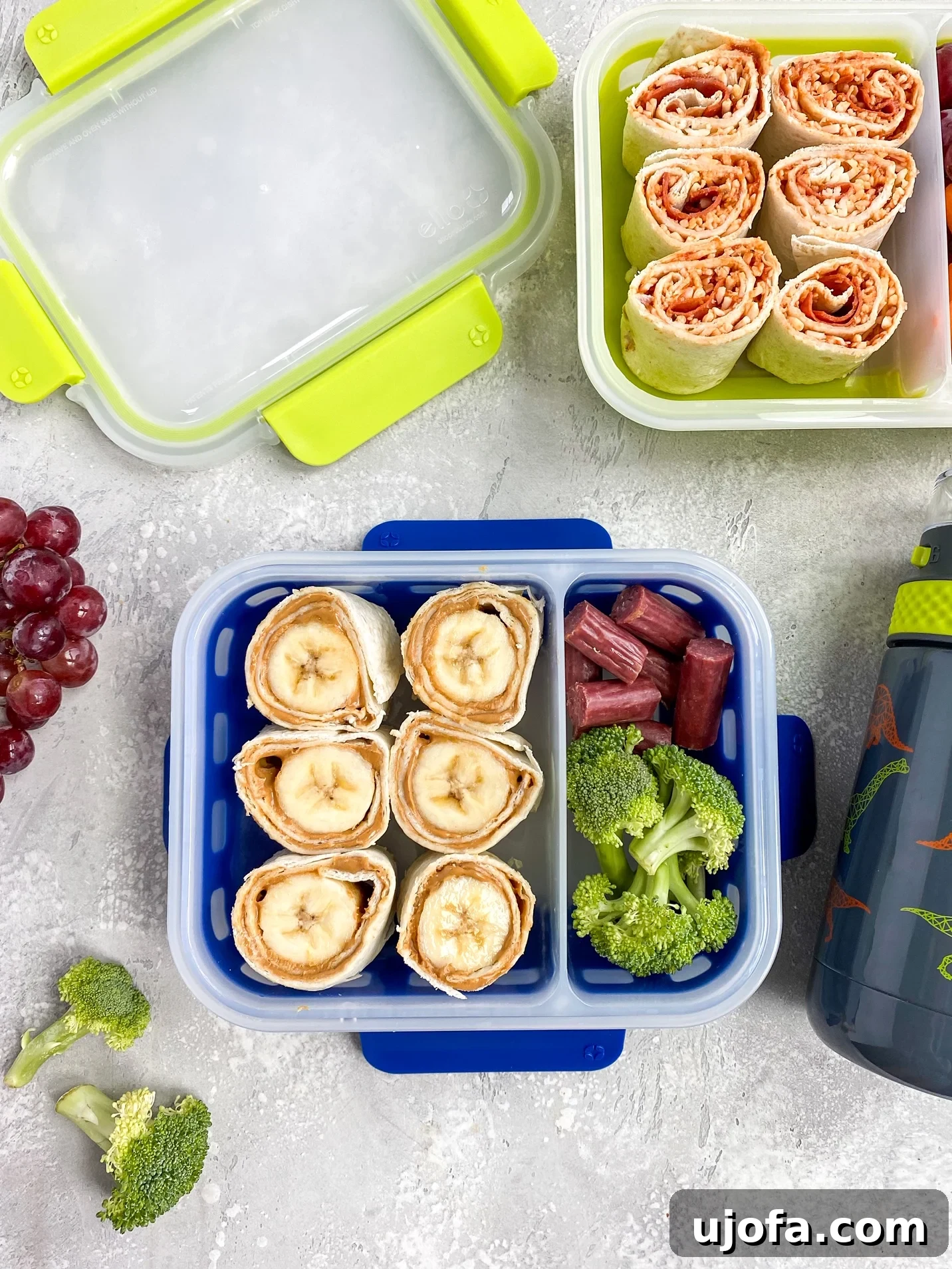 Ello Sammie Kids Lunch Container showcasing a variety of pinwheel wraps, fresh fruit, and healthy snacks, highlighting its bento-style compartments for a balanced meal.
