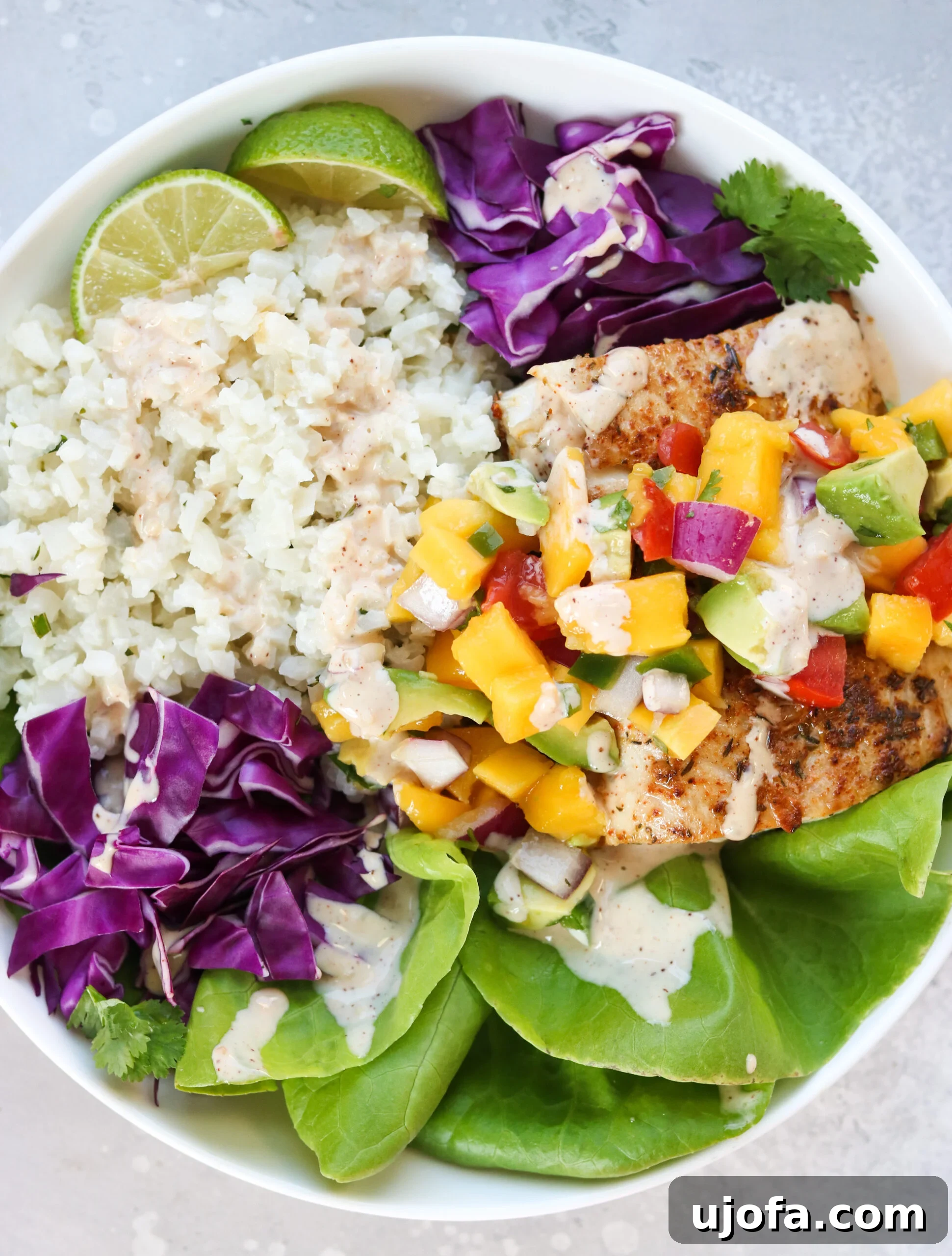 Whole30 Coastal Fish Taco Bowls with Zesty Mango Salsa 3 Overhead shot of a Whole30 Fish Taco Bowl with colorful ingredients