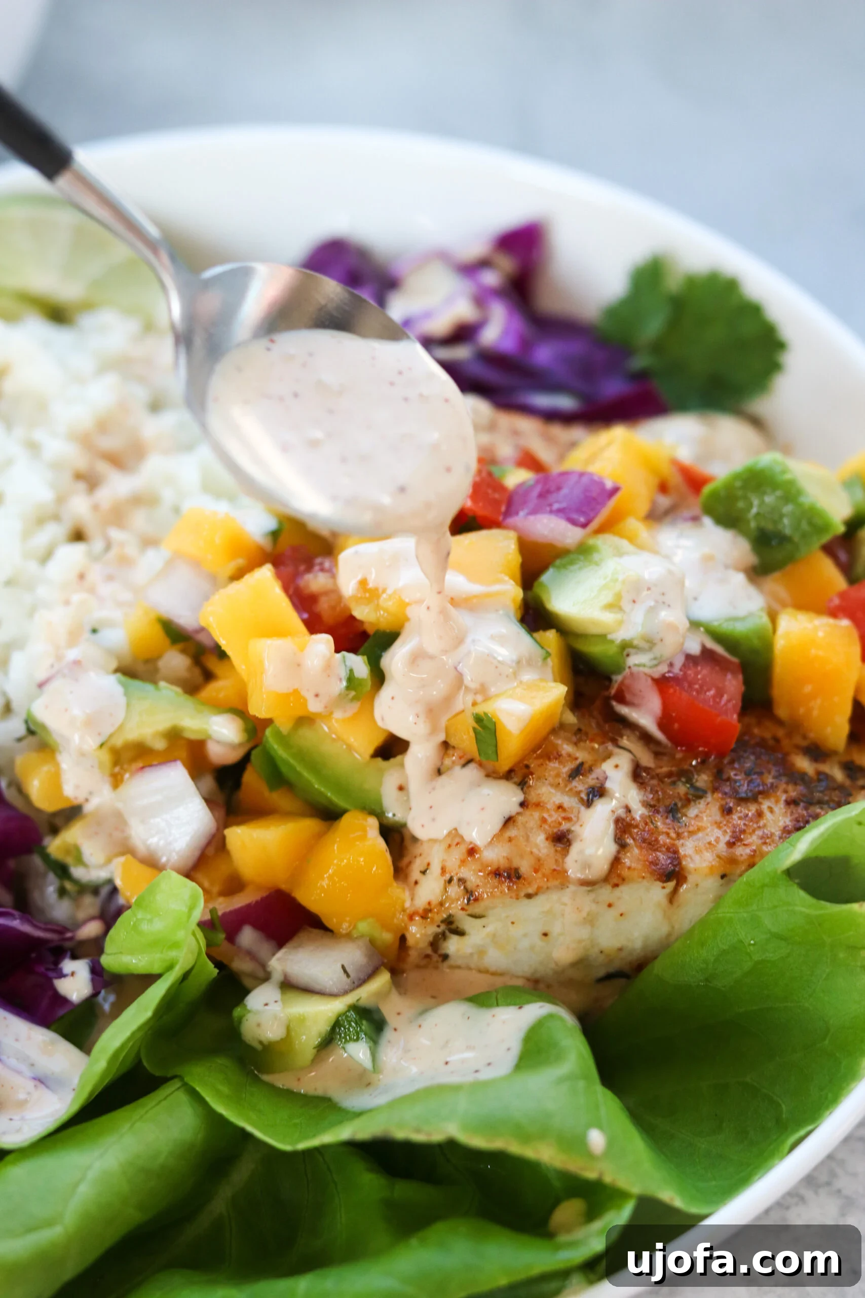 Whole30 Coastal Fish Taco Bowls with Zesty Mango Salsa 4 Close-up shot of grilled Mahi Mahi fillets seasoned for fish tacos
