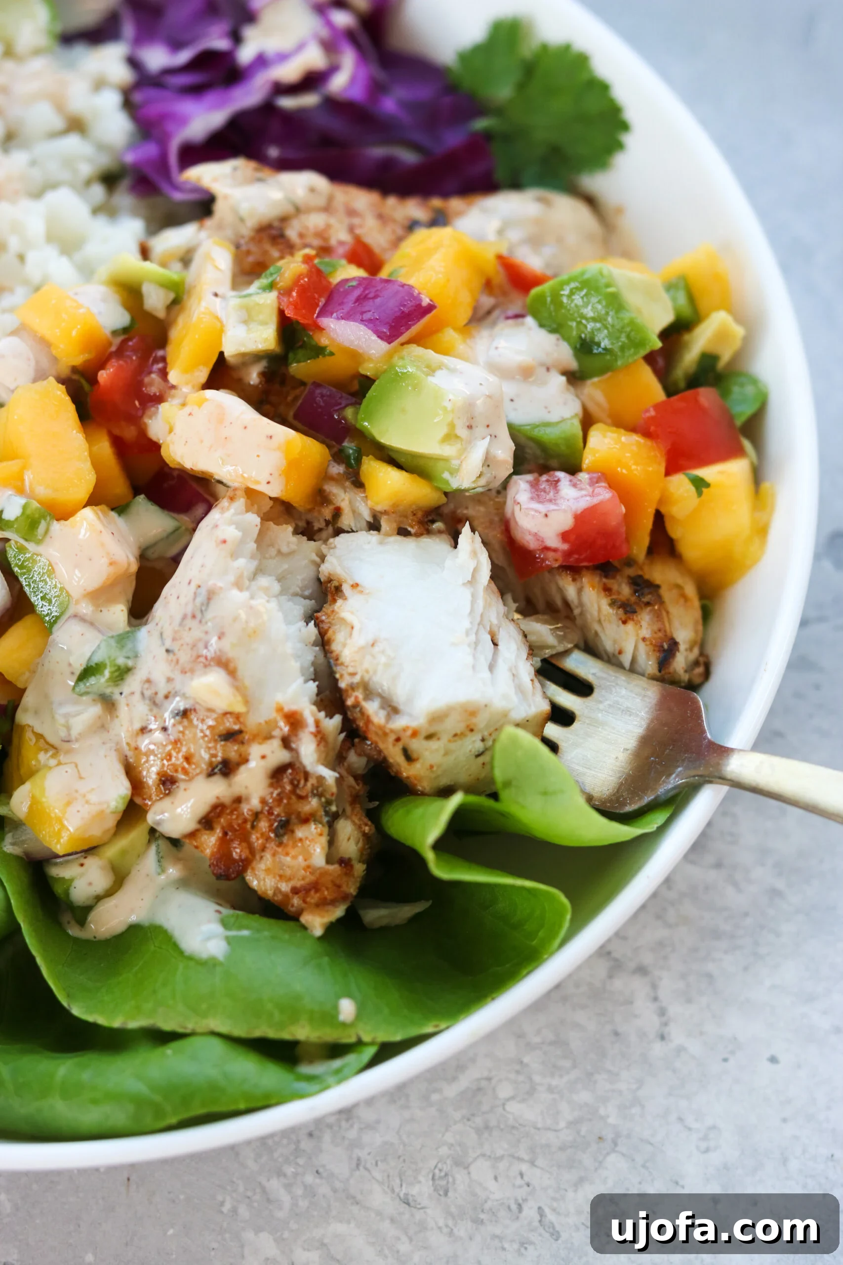 Whole30 Coastal Fish Taco Bowls with Zesty Mango Salsa 5 Assembled Whole30 Fish Taco Bowl with Mahi Mahi, Mango Salsa, and garnishes
